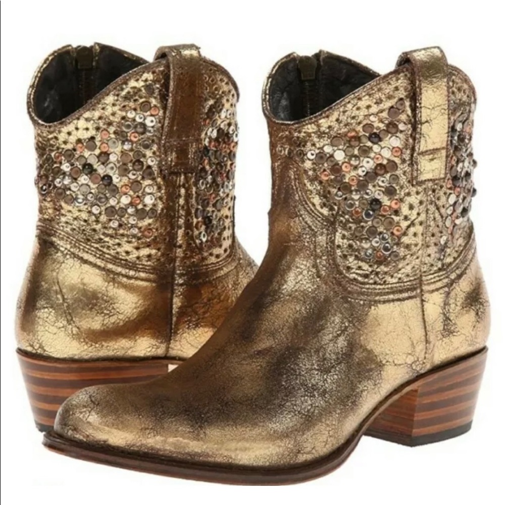 FRYE Deborah Studded Metallic Crackle Glaze Boot.